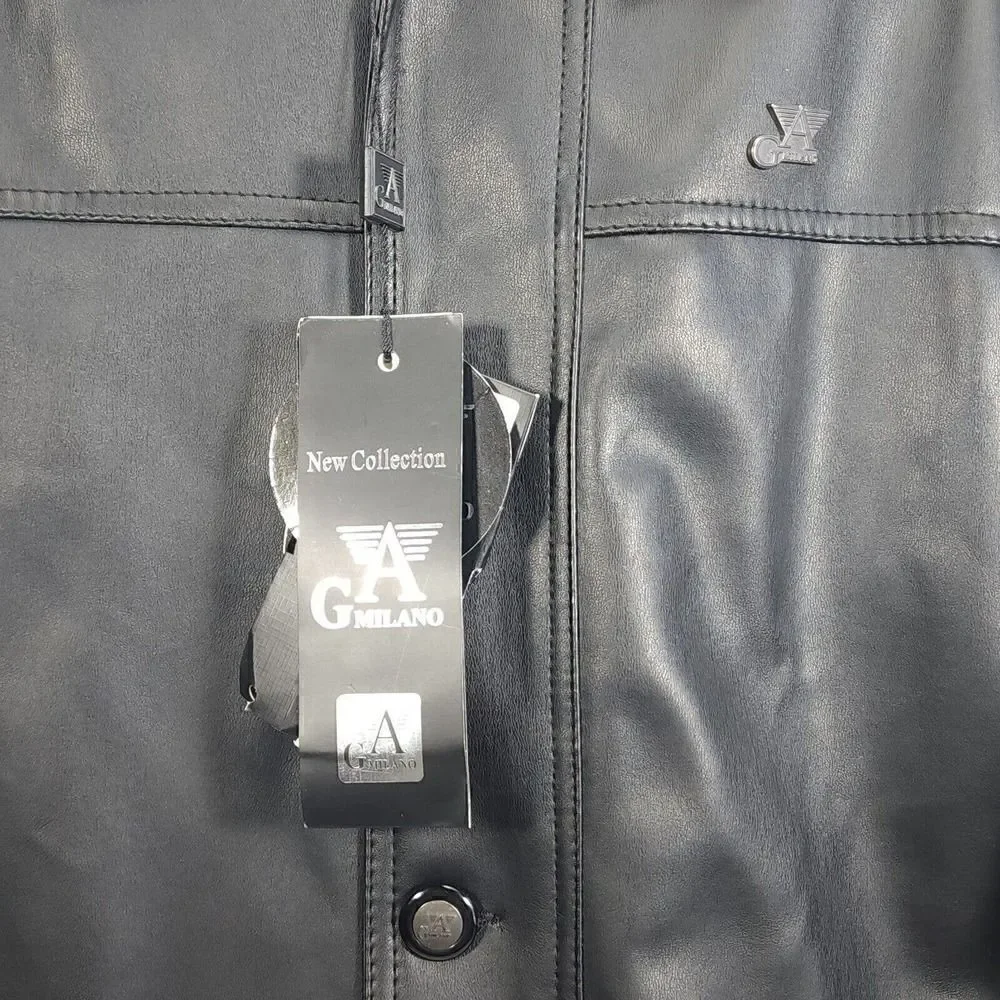 G.A Milano Italy Men's Medium FauxLeather Button Up Black Trench Blazer Jacket